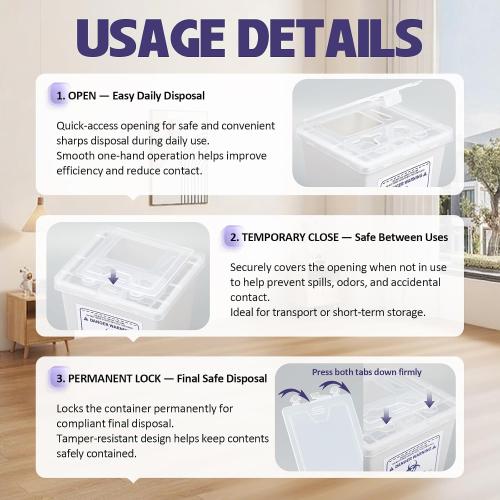Hushee 6 Pack 1 Quart Sharps Container for Home Use, Multi-Purpose Small Portable Container for Home, Travel, Professional and Personal Use, Translucent Lid, Permanent or Temporary Closure
