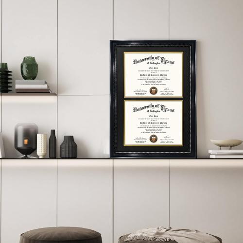 GraduationMall 14x20 Double Diploma Frame, Display 8.5x11 Certificate with Black over Gold Mat,UV Protection Acrylic,Black with Silver Beads