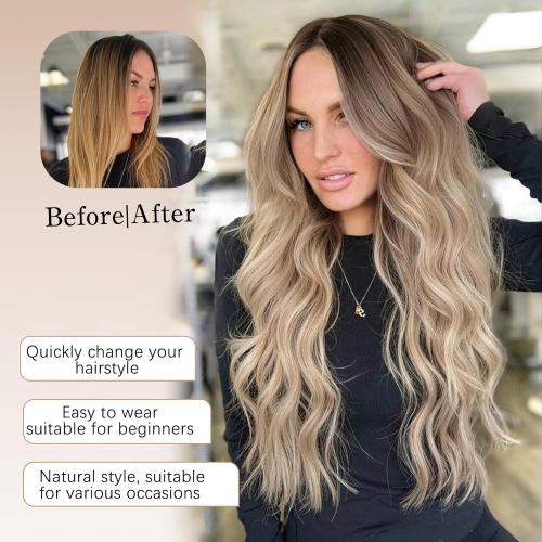 Ombre Blonde Wigs for Women, Long Blonde Wavy Wig, 26 Inch Middle Part Natural Looking Synthetic Heat Resistant Wig for Daily Party Cosplay Use