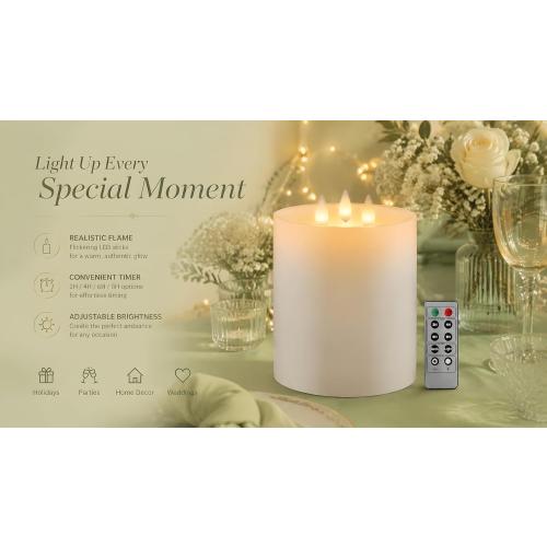3-Wick Flameless Pillar Candle with Remote Timer, 3D Moving Flame Real Wax Led Candles (Ivory with 3 Wick, 6.5in)
