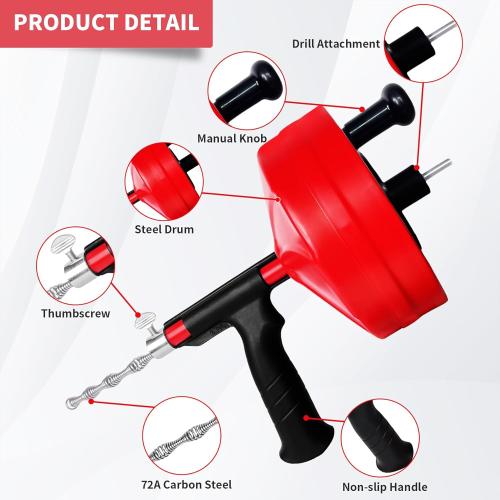 Drain Snake 50 Ft, Plumbing Snake for Sink with Drill Attachment, Snake Drain Clog Remover for Shower Drain, Kitchen, and Sink, Manual or Powered Use, Comes with Gloves and Storage Bag, 1/4 Inch, Red