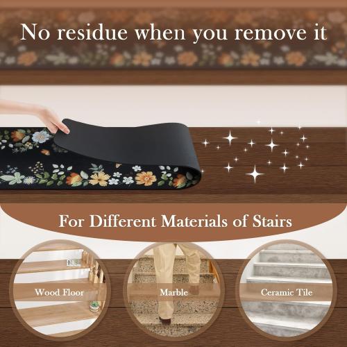 OJIA Floral Stair Treads Non-Slip Carpet Stair Treads for Wooden Steps Indoor 15PCS 30x8 Stair Runner Stair Mats Staircase Step Treads for Kids, Elders and Dogs, Stair Covers, Black