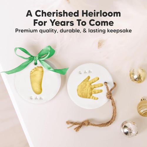 Baby Hand and Footprint Kit Girls, Boys - Personalized Baby’s First Christmas Ornament Kit, Newborn Christmas Gifts for New Mom, Cute Shower Gifts, Easy to Use Handprint Ornaments(Gold Paint, Cherish)