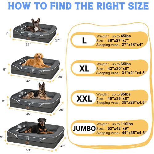 Washable Orthopedic Large Dog Bed - Removable Orthopedic Foam Dogs Beds with Bolsters Waterproof Large Dog Bed and Non-Slip Bottom Extra Large Dogs Beds Sofa