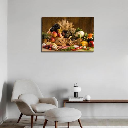 Food Wall Art Fruit Canvas Dining Room Brown Picture Kitchen Wall Decor Various Fruit Bread in Basket On The Table Picture Print On Canvas Food for Living Room Office Home Decor