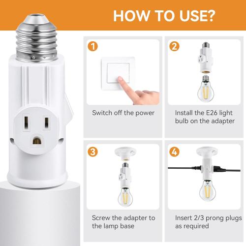 Enhon 2 Pack Light Socket Outlet Adapter, 2/3 Prong Light Socket to Plug Adapter, E26/E27 Heat Resistant Lamp Bulb to 2/3 Prong Plug Outlet Splitter Converter for Garage Porch Indoor Outdoor