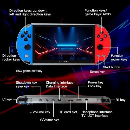 7 Inch HD Screen X12 Plus Handheld Retro Game Console Game Joystick Large 16GB Memory with 10000 Built-in Games Support 30 Game Format