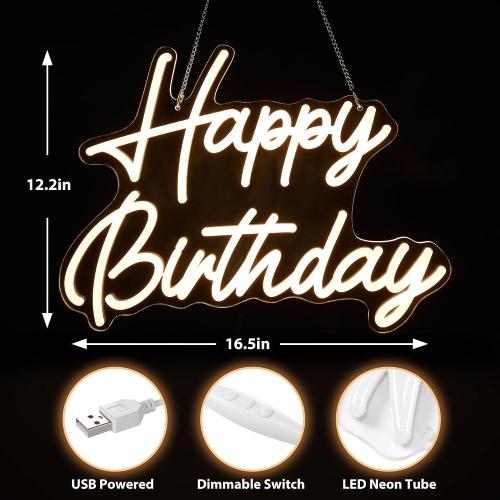 Kavaas Happy Birthday Neon Sign 16.5 x 12.2, Neon Happy Birthday Sign for Backdrop with Dimmable Switch - Birthday Light Up Sign Party Decoration (Warm White)