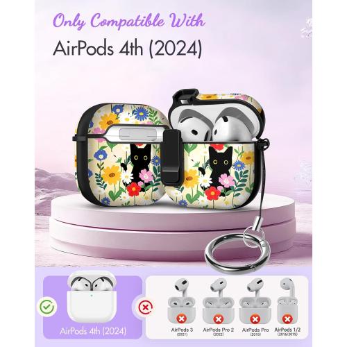 Joyleop for Airpods 4 Case - with Safety Lock Cute Women Girl Girly Asethetic Pretty Design Hard Shock Protective Cover with Keychain for Airpods 4th Gerneration 2024,Black Cat