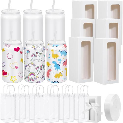 6 Set Sublimation Tumbler with Lid and Straw 16 oz Sublimation Insulated Cup Stainless Steel Cup with Packing Box Ribbon Transparent Handbag for Iced Coffee Juice Soda(White)
