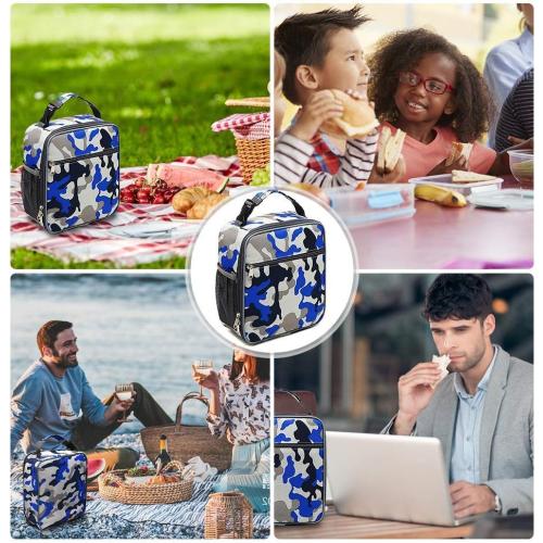 Insulated Lunch Bag, Leakproof Portable Box for Women Men Boys Girls, Large Capacity Cooler Bag with Handle and Bottle Pocket for Office School Camping Hiking Outdoor Beach Picnic (Camo Blue)