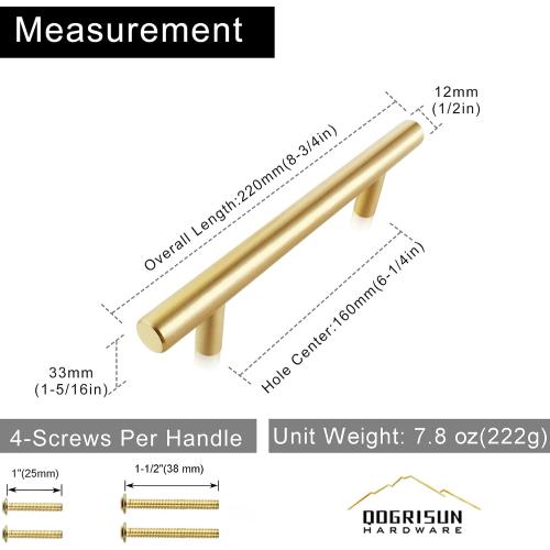 QOGRISUN 5-Pack Solid Brass Cabinet Pulls, Gold Euro Style T Bar Handles, 6-1/4-Inch Hole Center for Kitchen Drawer Dresser Cupboard, 8.7-Inch Total Length, Brushed Brass Finish
