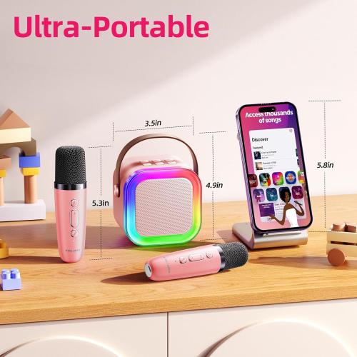 Kinglucky Mini Karaoke Machine for Kids, Top Birthday Gift Pick for Girls Ages 3, 4, 5, 6, 7, 8, 9, 10, 11, 12 Years Old, Kids' Personal Video Players Accessories with 2 Mics Valentines Day Gifts Pink