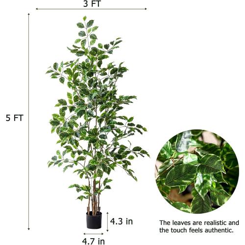 Bailikang Artificial Ficus Tree Indoor 5ft, Large Potted Faux Tree with Realistic Silk Leaves & Trunk for Home Office, Living Room Corner Decor
