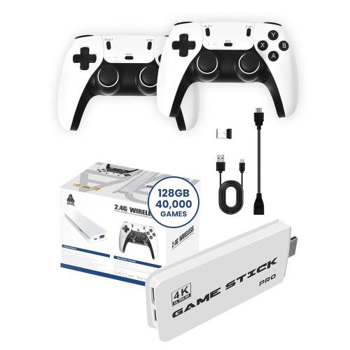 White Boltz Retro Stick Gaming Stick – Retro Gaming Console with 40,000  Classic Video Games, 9 Emulators, 128GB Storage, Plug & Play 4K HDMI Output, Includes 2 Wireless 2.4GHz Controllers