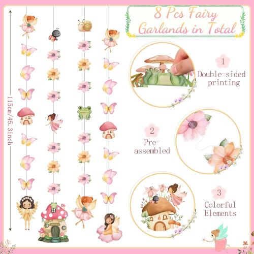 8 Pcs Fairy Party Decorations Fairy First Birthday Hanging Garlands Banner Butterfly Mushroom Flower Paper Cutouts Streamer for Wall Ceiling Decor Wonderland Garden Tale Floral Party Supplies