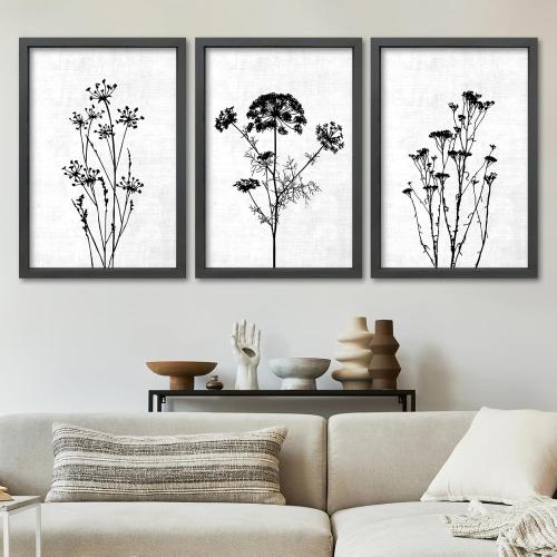 TQianJiang Flower Plant Wall Decor 16x11 Black And White Set of 3 | Botanical Painting, Wood Framed, Bedroom Office, Abstract Wildflower Sign Hanging Art