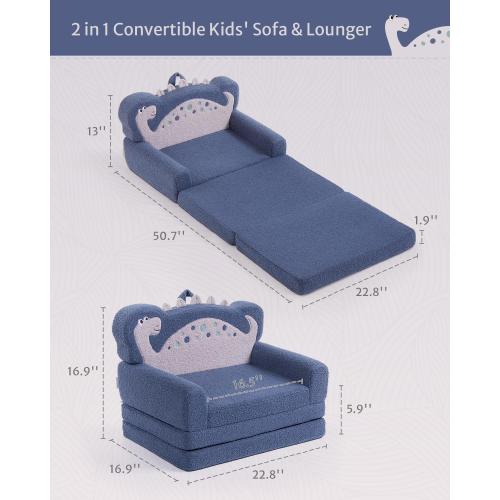 Blissful Diary Kids Couch, 2-in-1 Soft Toddler Couch Fold Out, Toddler Chair Comfy, Convertible Sofa to Lounger, Kids Furniture for Playroom, Gift for Birthday, Children's Day, Blue Dinosaur