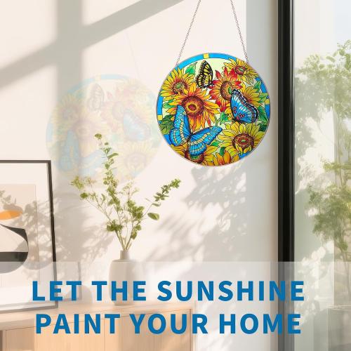 Sunflower & Butterfly Stained Glass Suncatcher, Hand-Painted Tiffany-Style 7.87” Round Window Hanging with Suction Cup & Chain, Unique Glass Art Decor Gift for Mother's Day, Birthday, Grandma