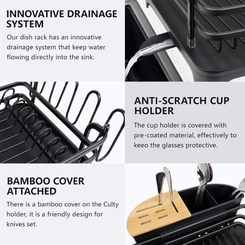 Dish Drying Rack, Dish Racks for Kitchen Counter, Dish Drainer with Removable Cutlery Holder & Cup Holder, 16.5 L x 11.8 W, Black