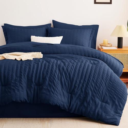 CozyLux Queen Comforter Set **Navy Blue** Seersucker 7 Pieces Bed in a Bag Queen Comforter Set with Sheets Luxury Soft Bedding Set with Down Alternative Comforter, Sheets, Pillowcases & Shams All Seasons