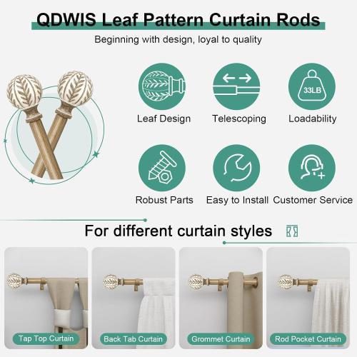 QDWIS Boho Wood Curtain Rods for Windows 66 to 120 inch,1 Adjustable Heavy Duty Window Curtain Rod with Imitation Wood Grain Finials,Rustic Decorative Drapery Rods Set,Size:36-120'',Weathered Wood