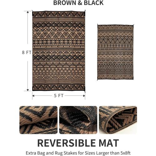 MontVoo-Outdoor Rug Carpet Waterproof Reversible Patio Rug RV Camping Rug-Plastic Straw Rug Outside Indoor Outdoor Area Rug for Patio Deck Balcony Picnic Beach Outdoor Decor Boho Black Brown