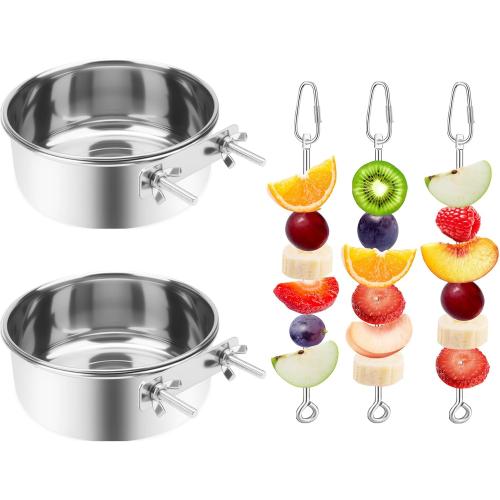 2 Pcs Bird Feeder Bowls with 3 Pcs Food Holder for Cage, Parrot Food Water Bowls and Fruit Skewer Foraging Toy, Stainless Steel Bird Feeding Dish Cups for Small Animals (Silvery, 5 Pcs)