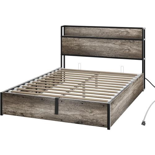 Size Queen Color Grey  Size Lift Up Storage Bed Frame, Wooden Platform Bed Frame with Lifting Storage & Charging Station, No Spring Box Needed/Noise Free, Rustic Grey