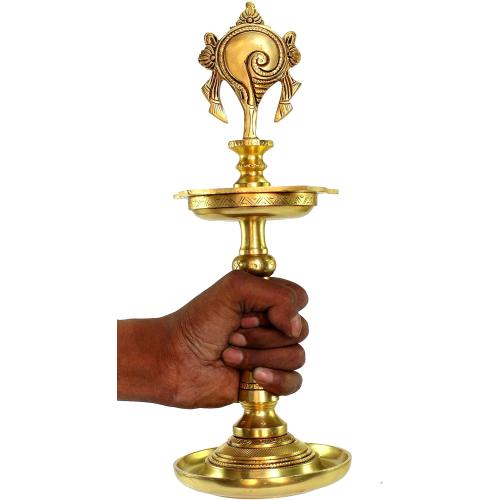 Brass Oil Lamps - Shankh Chakra Narayan Oil Lamp, Diya, Deepam, Brass Lamps Kuthu Vilakku 13 Inches