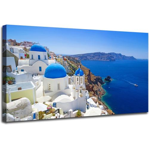 Size 24x48 Large Canvas Print Wall Art Santorini in Greece Painting Wall Decor, Blue Coastal Landscape Artwork Seascape Pictures for Living Room, Bedroom, Office Decoration - 24x48