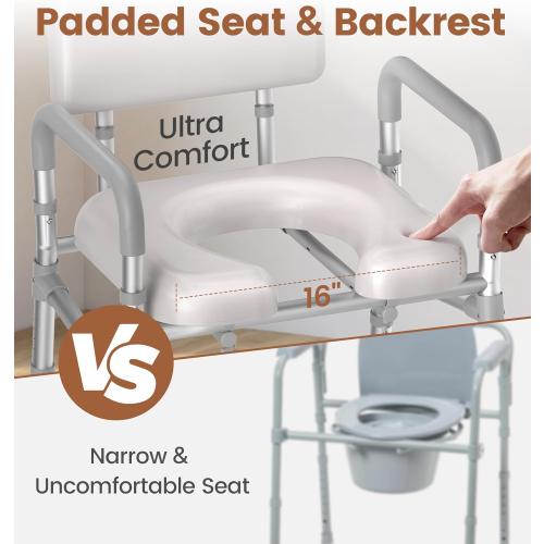 SOUNDFUSE Bedside Commode Chair with Padded Seat and Backrest, Aluminum Dual-Crossbar, Height Adjustable, Portable Toilet for Seniors and Adults, Potty Bucket and Splash Guard, 350 lbs Weight Capacity