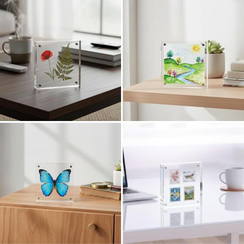 Fixwal 4x4 Acrylic Picture Frame, 3 Pack Thick Clear Double-Sided Magnetic Frames, Frameless Photo Frames for Desktop Tabletop Display