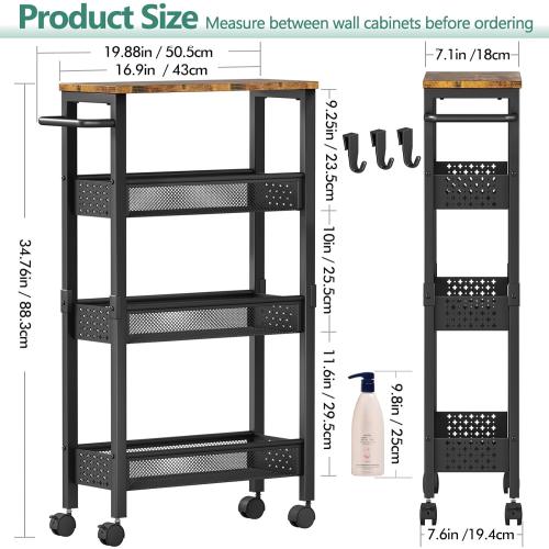 Utility Slim Storage Cart with Wheels, 4 Tier Small Rolling Cart with Wood Top, Metal Kitchen Bathroom Laundry Room Organization Trolley with Handle for Narrow Space – Black