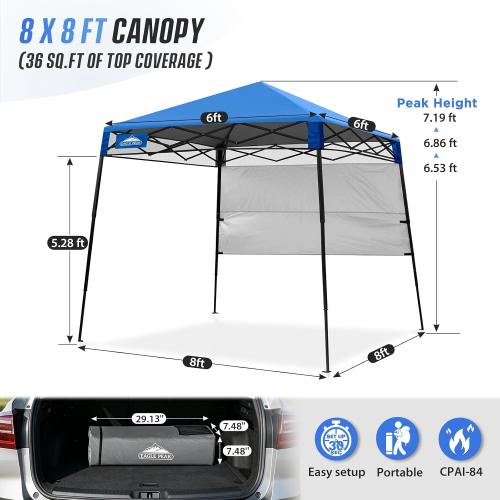 EAGLE PEAK 8x8 Pop Up Canopy Tent with Sidewall, Compact, Portable Slant Leg Instant Sun Shelter for Beach, Sports, & Camping, 8x8 Base 6x6 Top, Blue