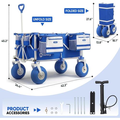 Sekey Heavy Duty Beach Wagon with 9 Big Sand-Proof Wheels, 300L Oversized Foldable Beach Cart with Cooler| Adjustable Handle & Balloon Tires for Sand, Camping,Vacation