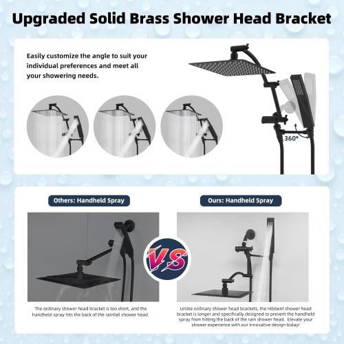 New Open for inspection Hibbent All Metal 10'' Rainfall Shower Head, Dual Shower Head Combo, High Pressure Handheld Shower Wand, 16'' Adjustable Arc-shaped Shower Extension Arm, 71'' Hose, Showerhead Holder, Matte Black