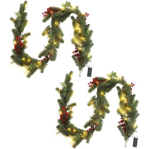 Christmas Garland Artificial Pine Decoration - 2 Pack Fake Green Cedar Garland Realistic Christmas Norfolk with Berry for Winter Holiday Mantle Fireplace Table Wall Window