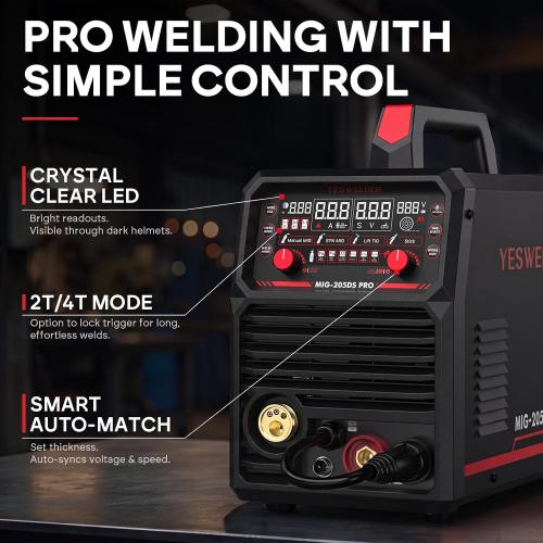 YESWELDER 205A MIG Welder, 110V/220V Dual Voltage, 5 in 1 Gas MIG/Flux Core MIG/Spool Gun MIG/Lift TIG/Stick Multiprocess LED Digital Display Aluminum MIG Welding Machine MIG-205DS PRO
