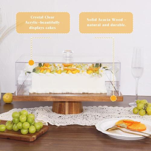 17 Acacia Wood Cake Stand with Lid, 2-in-1 Rectangular Charcuterie Board & Dessert Display, Shatterproof Acrylic Cake Dome Cover for Freshness, Charcuterie Platter for Weddings, Parties