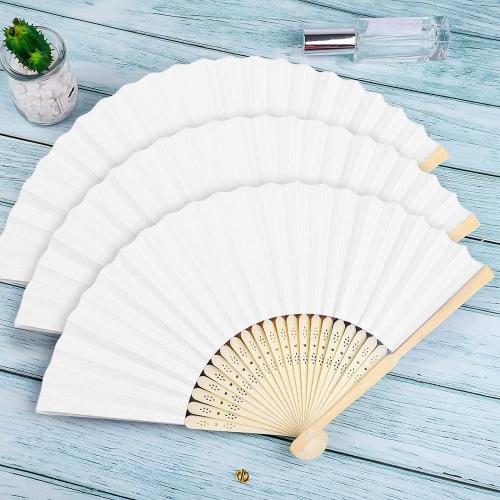 FEPITO 55 Pieces White Handheld Paper Fan Paper Folding Fans