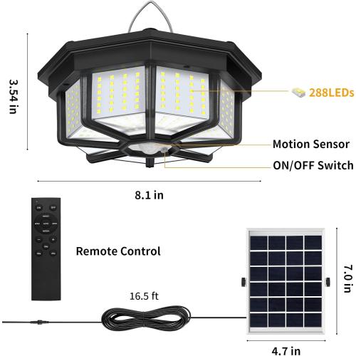Solar Shed Light Indoor Outdoor, Aqonsie 288LED Solar Powered Motion Sensor Pendant Light Daytime Available, Solar Indoor Lights with 5 Lighting Modes & Remote for Shed Gazebo Barn Garage Home