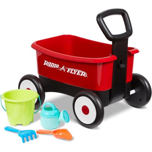 Radio Flyer Push & Pull Walker Wagon with Garden Tools, Red, for Kids 1-4 Years Old, Locking Handle for Stability, Baby Push Walker Converts to Pull Wagon, for Indoor & Outdoor Play