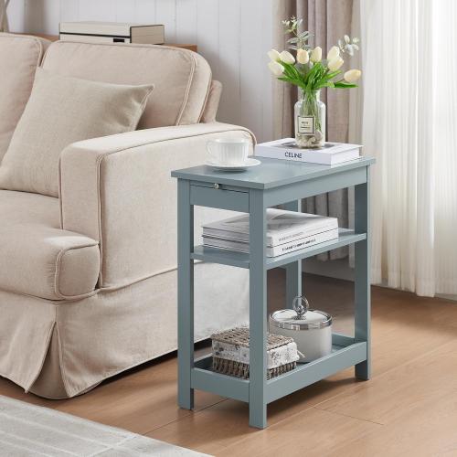 Kings Brand Furniture - Slim Wood Side End Table with Storage Shelves & Pull-Out Tray, Nightstand for Bedroom, Living Room, Ice Blue