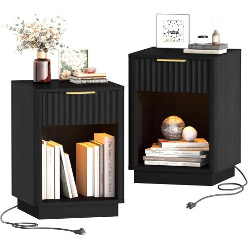 Akxomel Fluted Nightstands Set of 2, Wooden Night Stand with Charging Station and LED Light, Modern Mid Century End Table with Drawer, 15 D x 15.7 W x 22.6 H, for Bedroom, Black