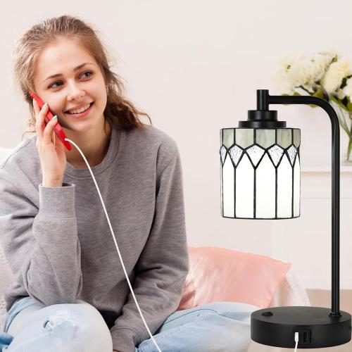 TL0019 Tiffany Table Lamp with 2 USB Charging Ports, Desk Lamp with Geometric Stained Glass Lamp Shade, Retro Nightstand H 14.5 for Bedrooms Office Study, LED Bulbs Included (Grey)