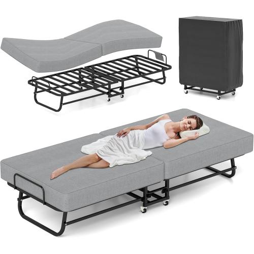 Folding Bed with Mattress, Portable Foldable Bed for Adults, Roll Away Guest on Wheels, Memory Foam Mattress and Metal Frame, Space Saving Fold Up for Easy Storage, 75 x 31
