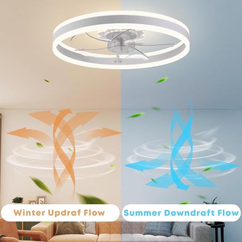 Fszdorj 23.6'' Ceiling Fan with Light, Upgraded Low Profile Fan, Flush Mount Ceiling Fan, 6 Speeds, Dimmable LED, App & Remote Control, Quiet DC Motor, for Bedroom, Living Room, F105 White N