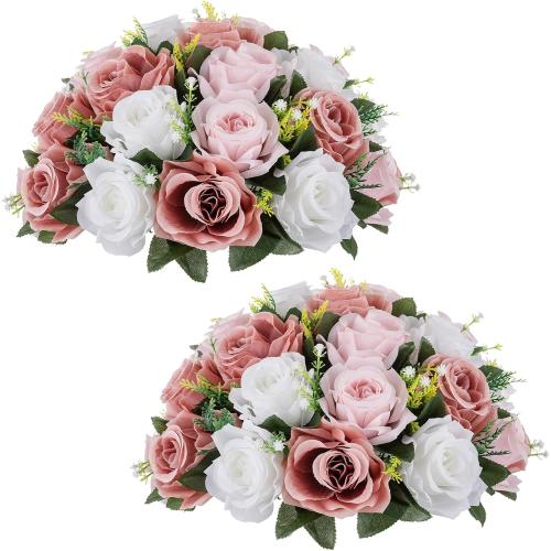 NUPTIO Large Flower Balls for Centerpieces - 2 Pcs 13.8in Diameter Dusty Rose & White Artificial Flower Ball Arrangement Bouquet Wedding Centerpieces for Tables - Fake Rose Flowers for Weddings Decor