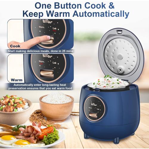 Bear Mini Rice Cooker 2 Cups Uncooked, 1.2L Portable Non-Stick Small Travel Rice Cooker, BPA Free, One Button to Cook and Keep Warm Function, Blue | Portable 1.2L nonstick small rice cooker for travel, dorm, single serve, One-touch operation, Removable pot, Auto keep warm